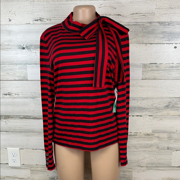 NWT Tommy Hilfiger Women Top Large Red Striped Bristol Tie Neck Blouse - Picture 1 of 10